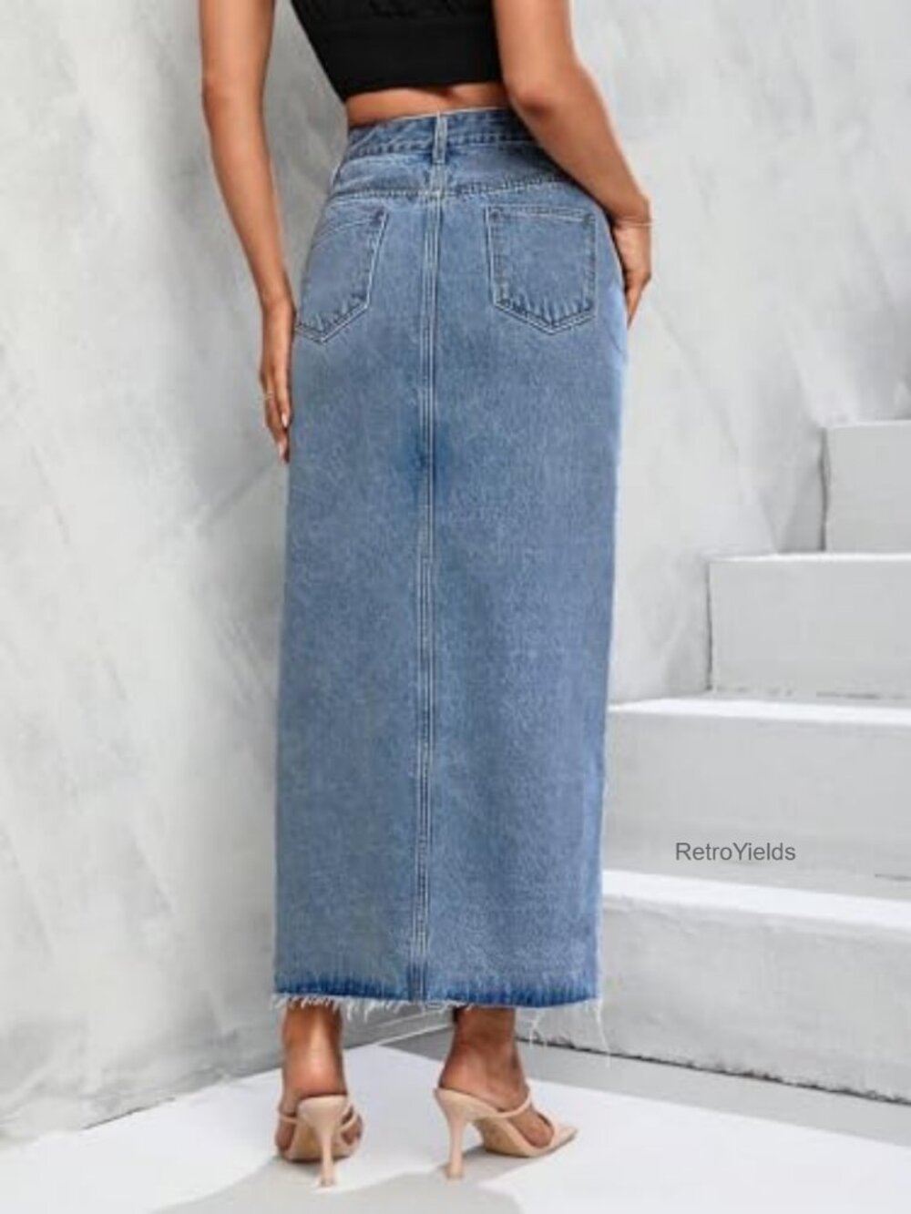 High Waist Stretch Maxi Denim Skirt Front Split Frayed Raw Hem A Line Casual - Picture 2 of 7